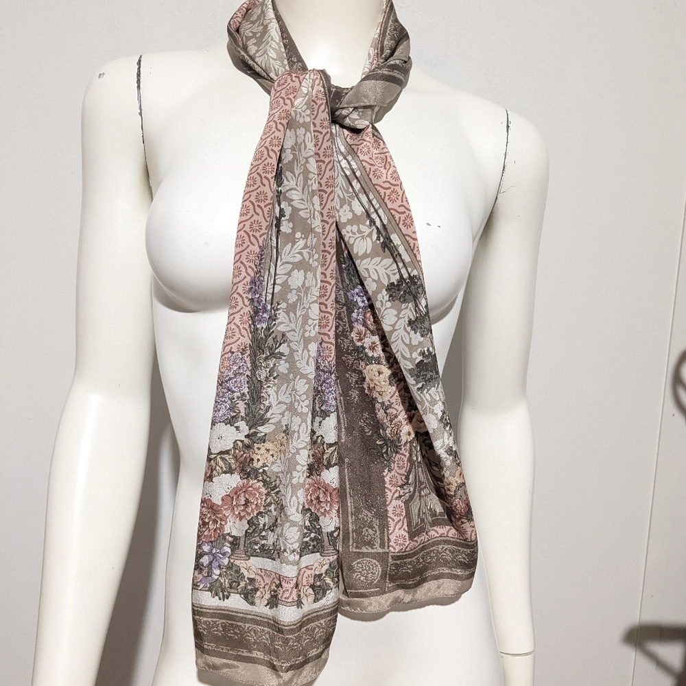 Vintage Renaissance Floral Cottage Brown Pink Oblong Scarf 10.5 X 56
